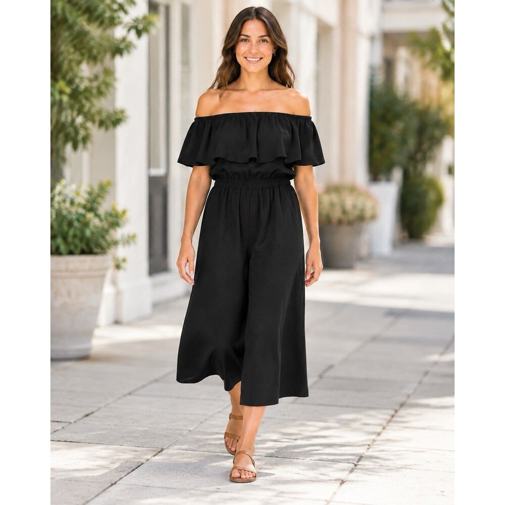 FAVLUX Women’s M Black Off Shoulder Ruffle Cropped Wide Leg Jumpsuit